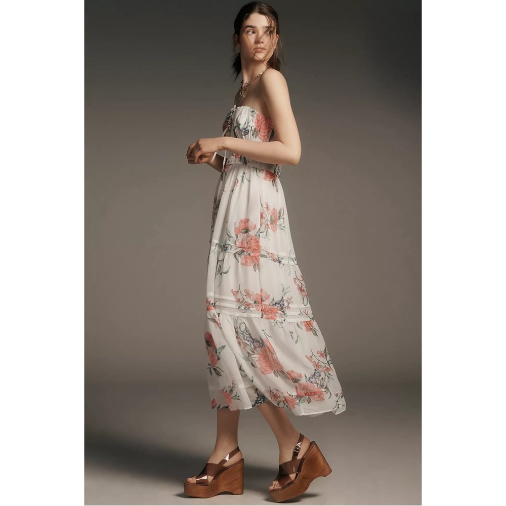 Anthropologie Somerset Strapless Chiffon Midi Dress Ivory Floral Size Large NWT - Picture 2 of 10